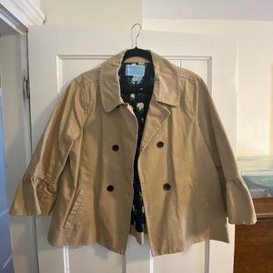 Draper James Short Trench Khaki Jacket Size 12 Ruffled Bell 3/4 Sleeves